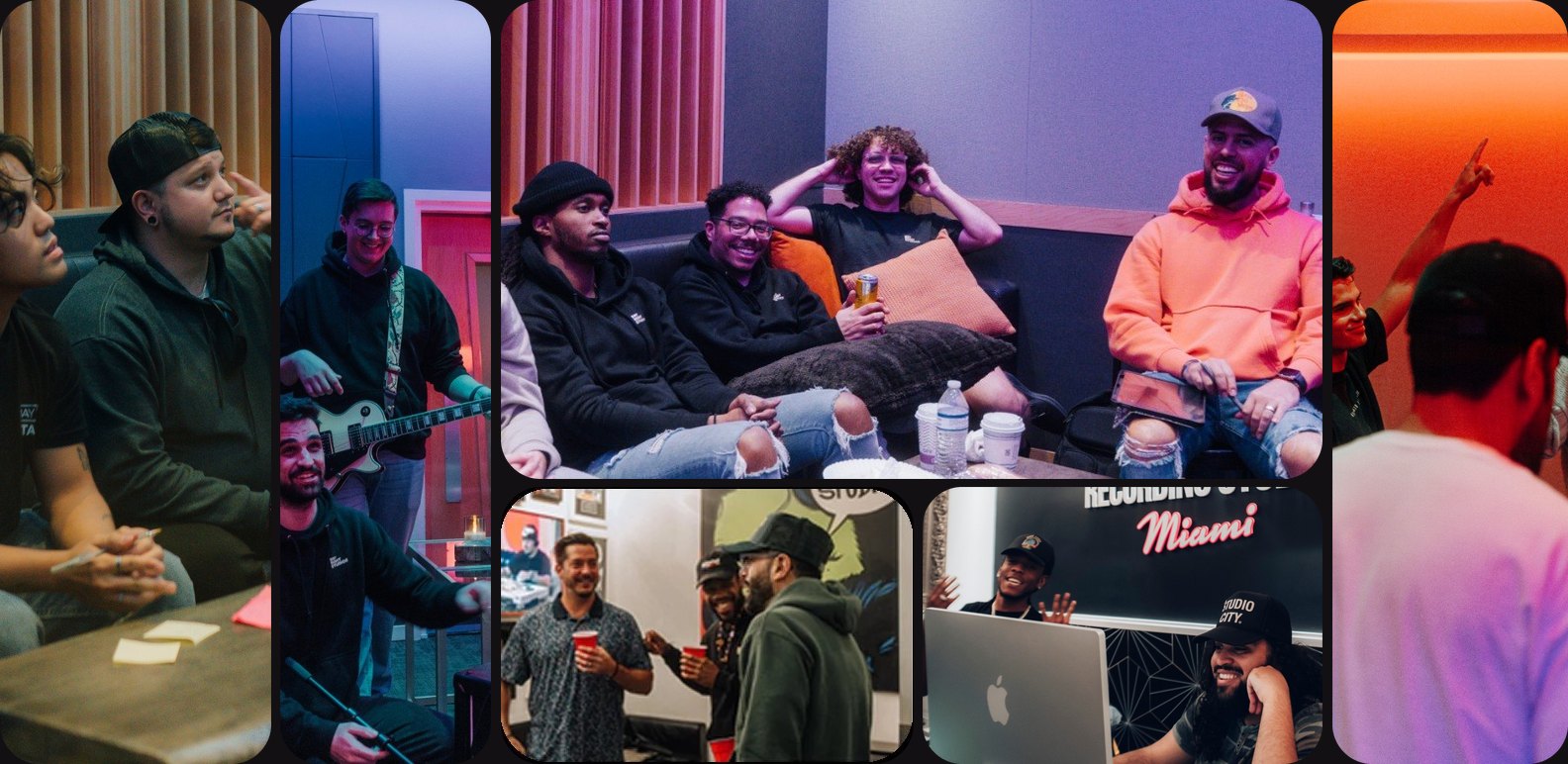 Sessions at Bay Eight: writers around the console, a guitarist tracking in the live room, and artists and engineers laughing together on the lounge couch.