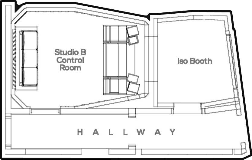 Floor plan of Studio B, the Apollo Room: control room, iso booth and hallway