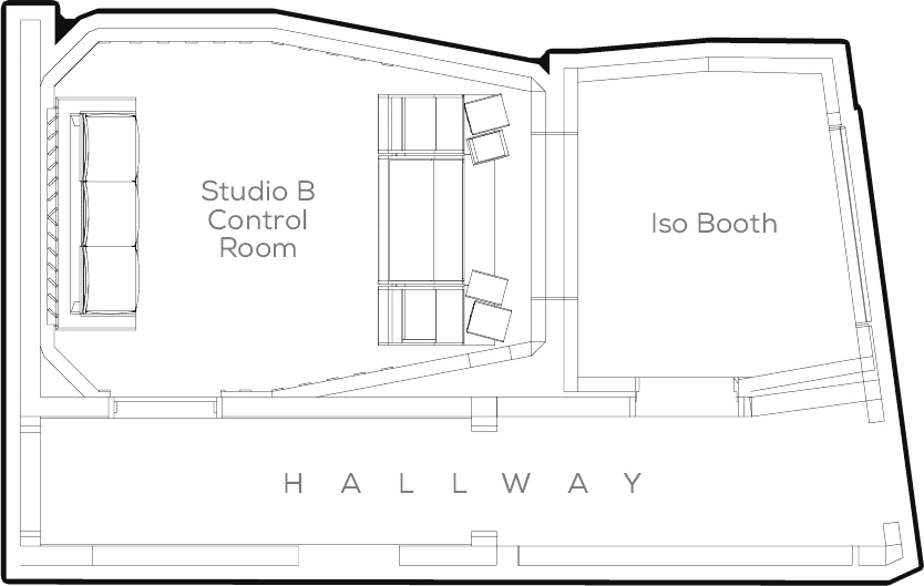 Floor plan of Studio B, the Apollo Room: control room, iso booth and hallway