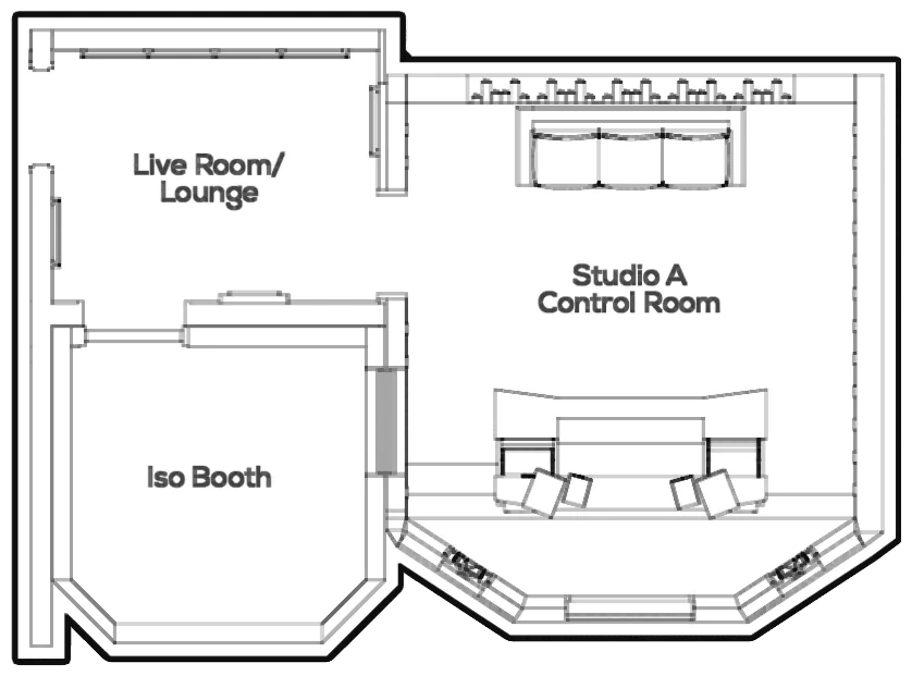 Floor plan of Studio A, the SSL Room: live room, control room and iso booth