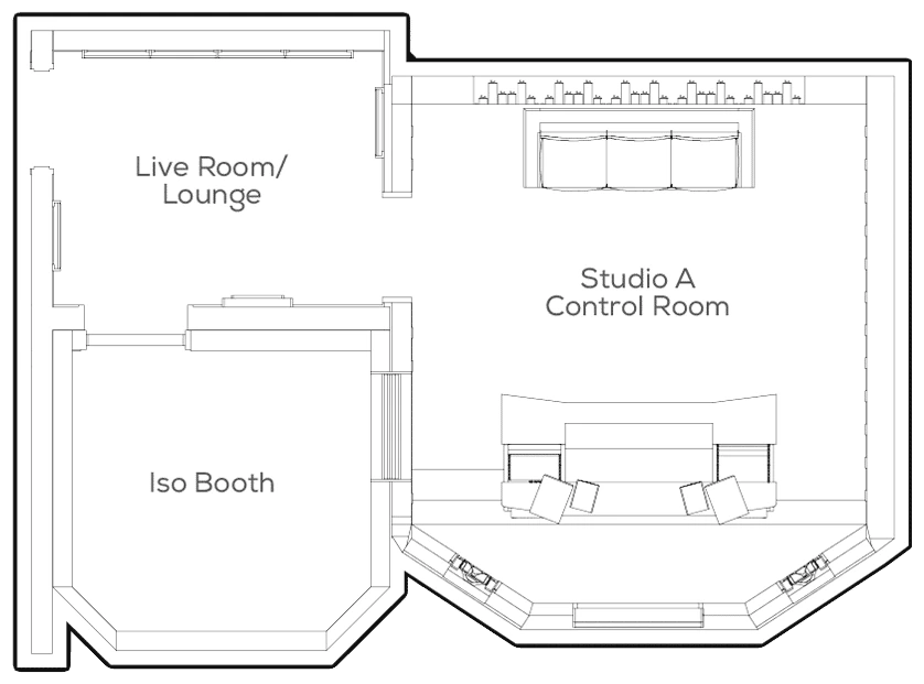 Floor plan of Studio A, the SSL Room: live room, control room and iso booth