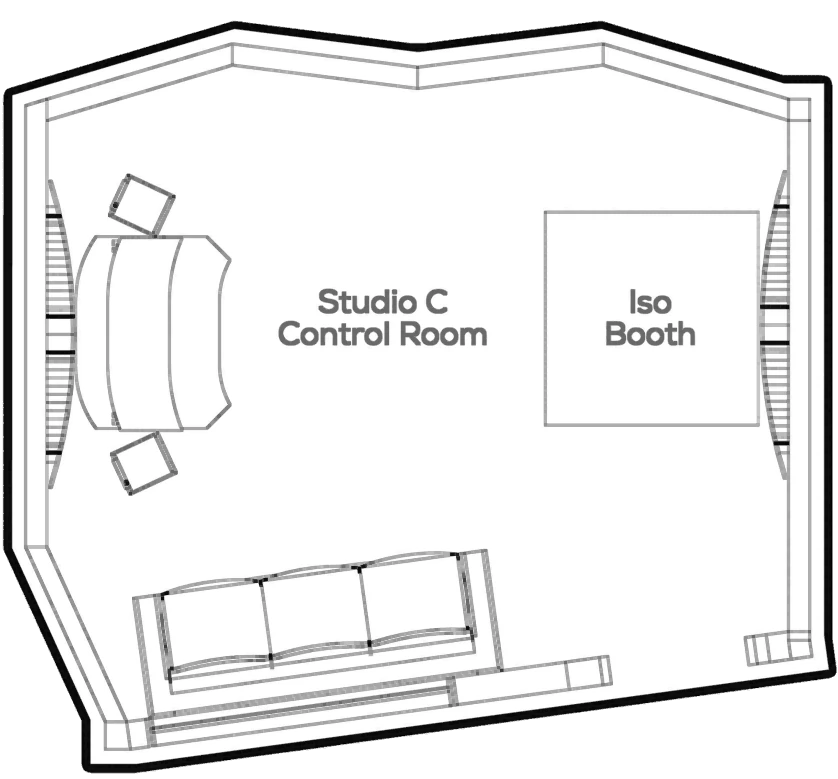 Floor plan of Studio C, the Whisper Room: control room and iso booth