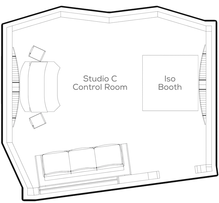 Floor plan of Studio C, the Whisper Room: control room and iso booth