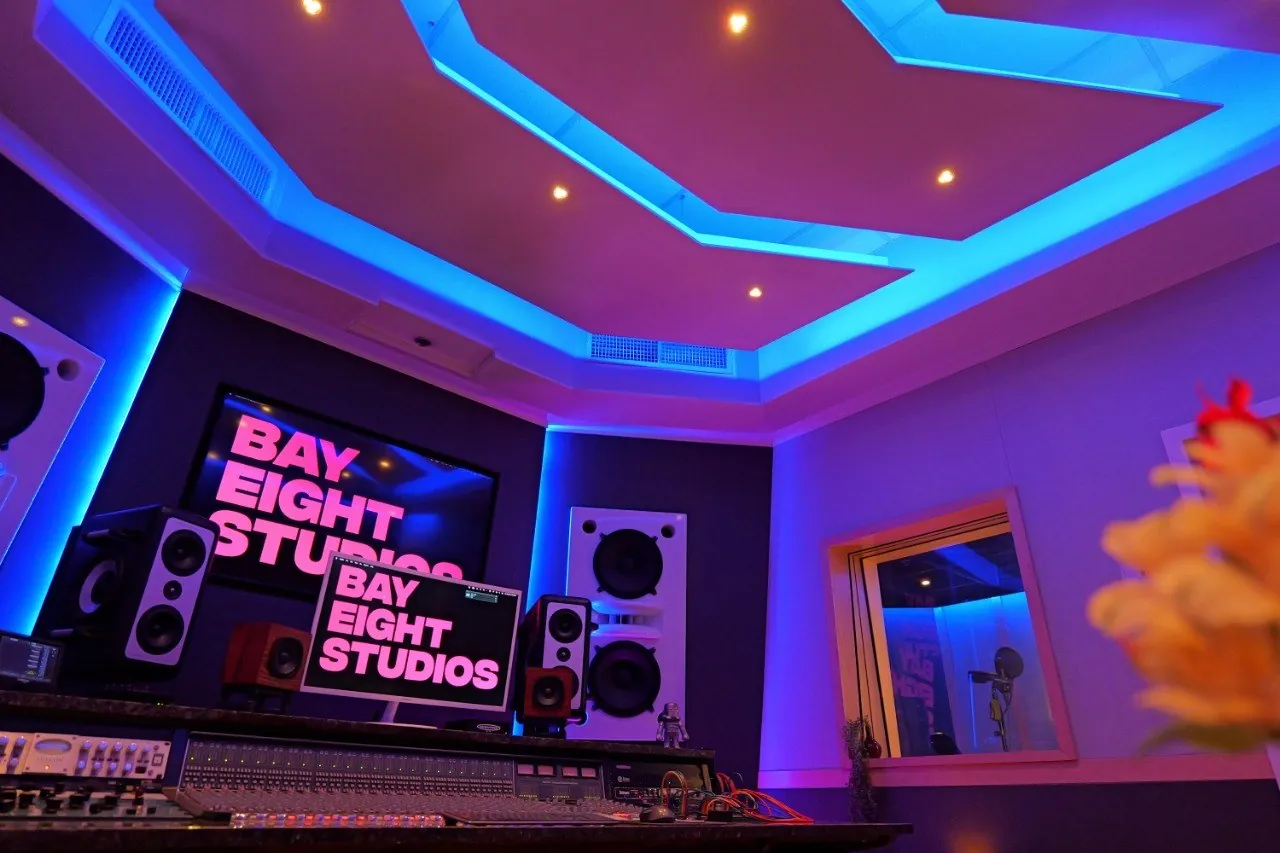 The SSL Room control room at Bay Eight Studios, monitors and console