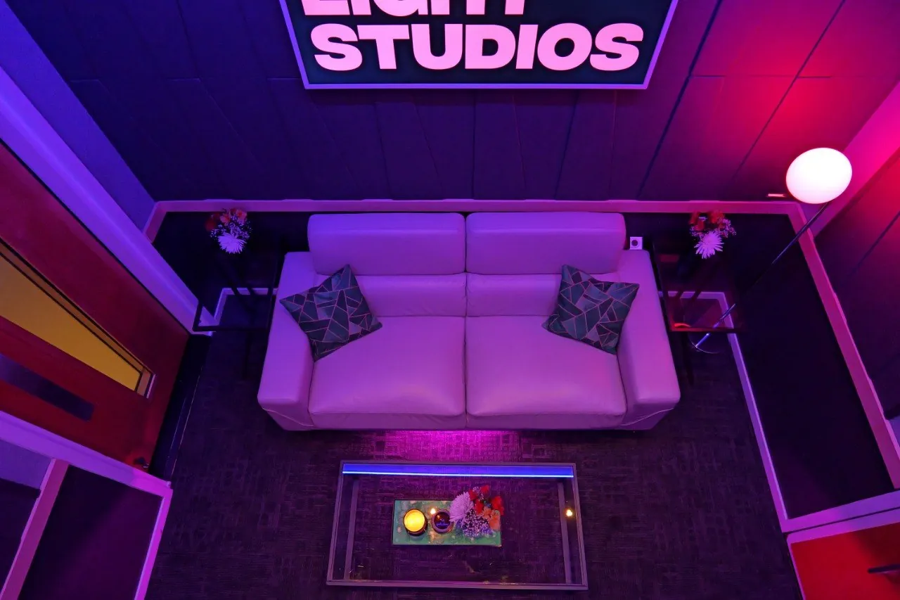 The SSL Room lounge at Bay Eight Studios seen from above