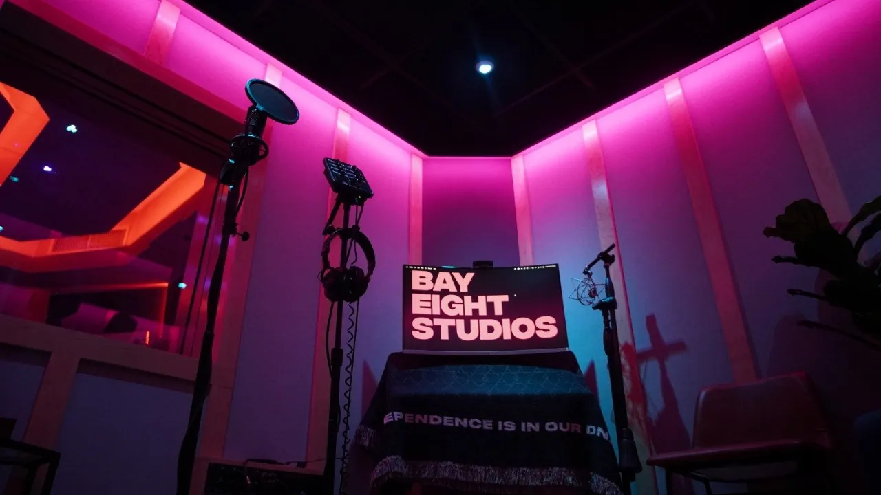 The SSL Room vocal booth at Bay Eight Studios, microphone and stand