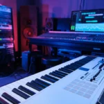 A modern studio for music recording with a digital keyboard, mixing console, and glowing blue and pink lights creating a creative workspace.