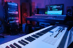 A modern studio for music recording with a digital keyboard, mixing console, and glowing blue and pink lights creating a creative workspace.