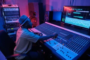 Music producer adjusting a sound mixing console under colorful studio lights, focusing on creating high-quality audio in the music production process.